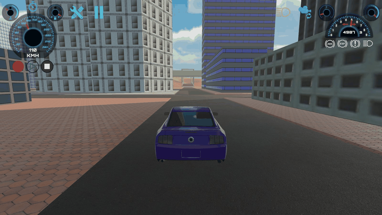 An RCC car driving through the RCC_City demo scene, with the third-person camera and the dashboard.