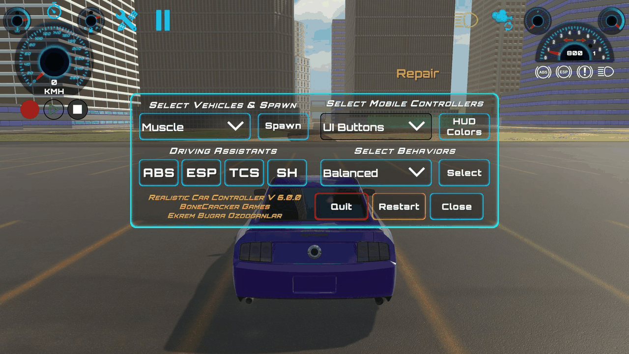 The Options panel of RCC_Canvas open in RCC_City, with the vehicle, behavior and mobile controller choices.