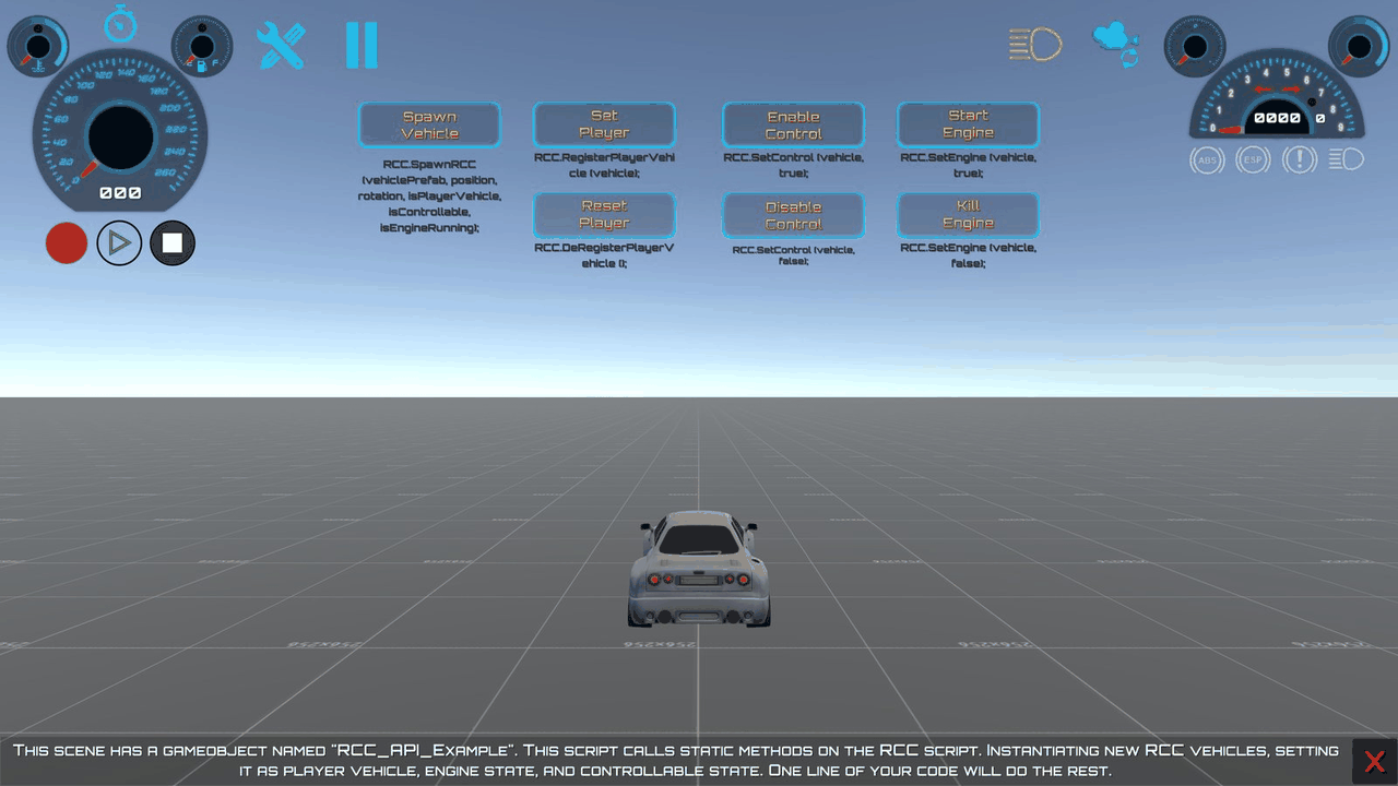 RCC_Blank_API after Spawn Vehicle: each button on the panel calls one static RCC method.