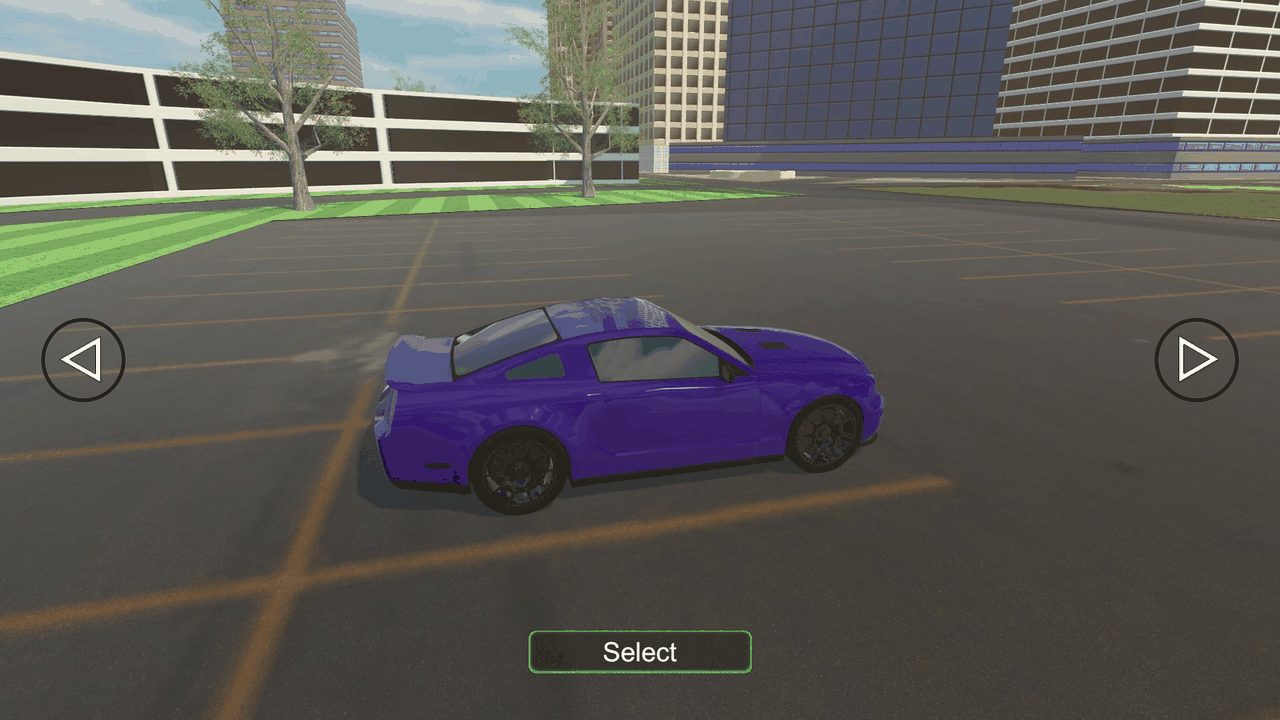 RCC_City_CarSelection: browse the cars with the arrow buttons, then click Select to drive the one shown.