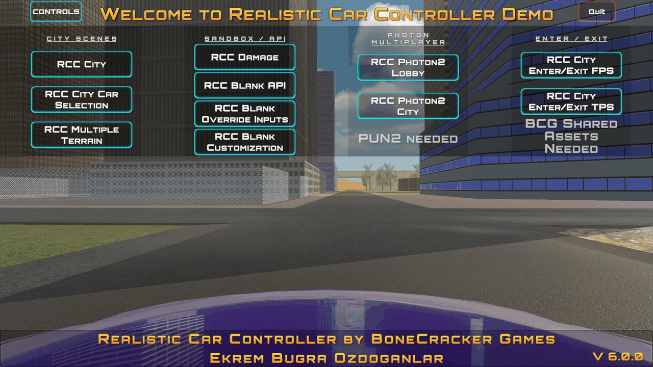 RCC_City_AIO in Play mode: the launcher menu with a button for each demo scene.
