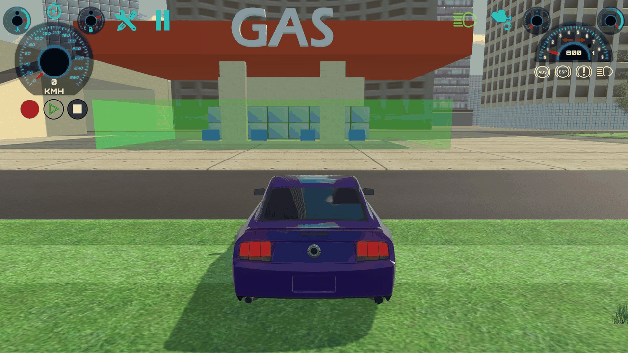 RCC_City in Play mode: the player car in the city, seen from the third-person camera.
