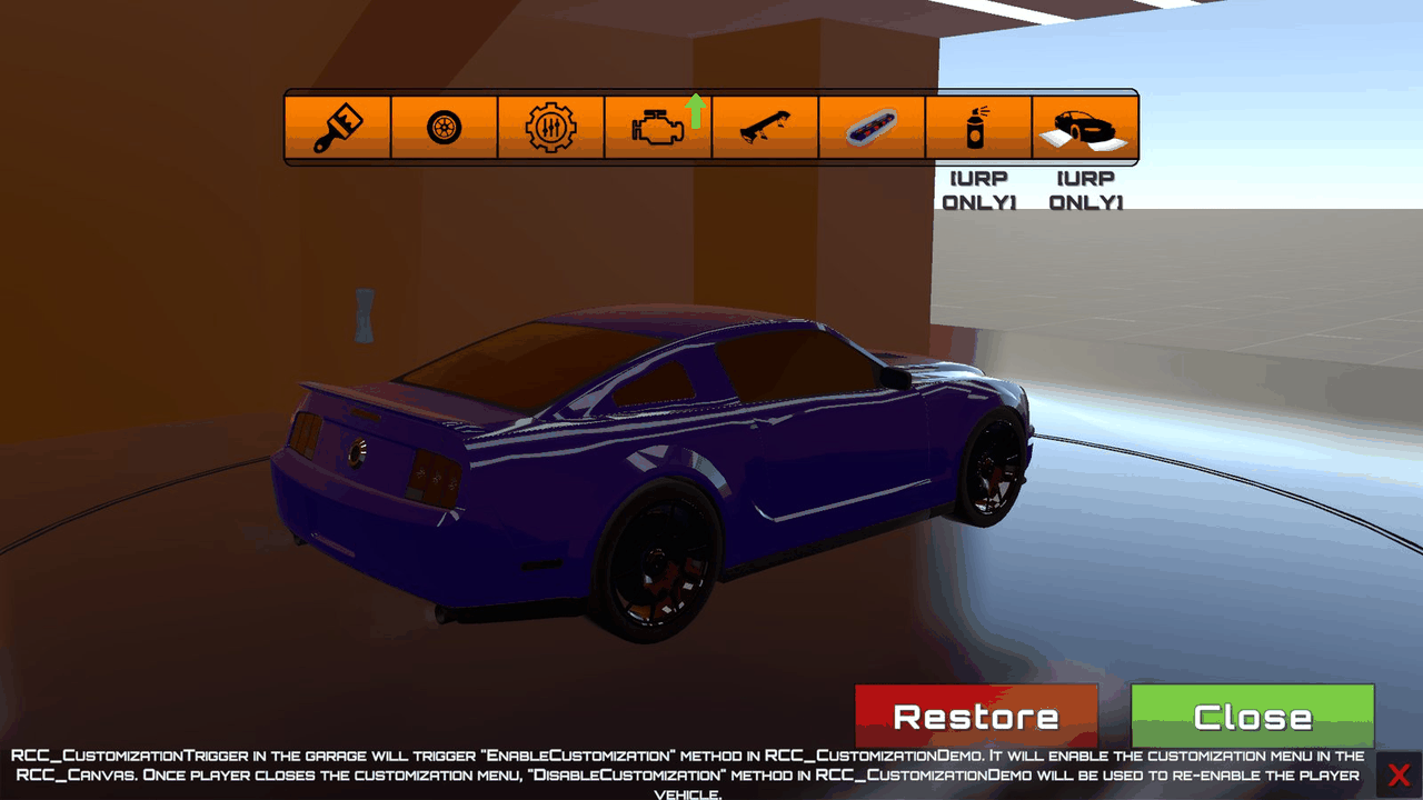 RCC_Blank_Customization after driving into the trigger: the showroom camera and the customization menu.