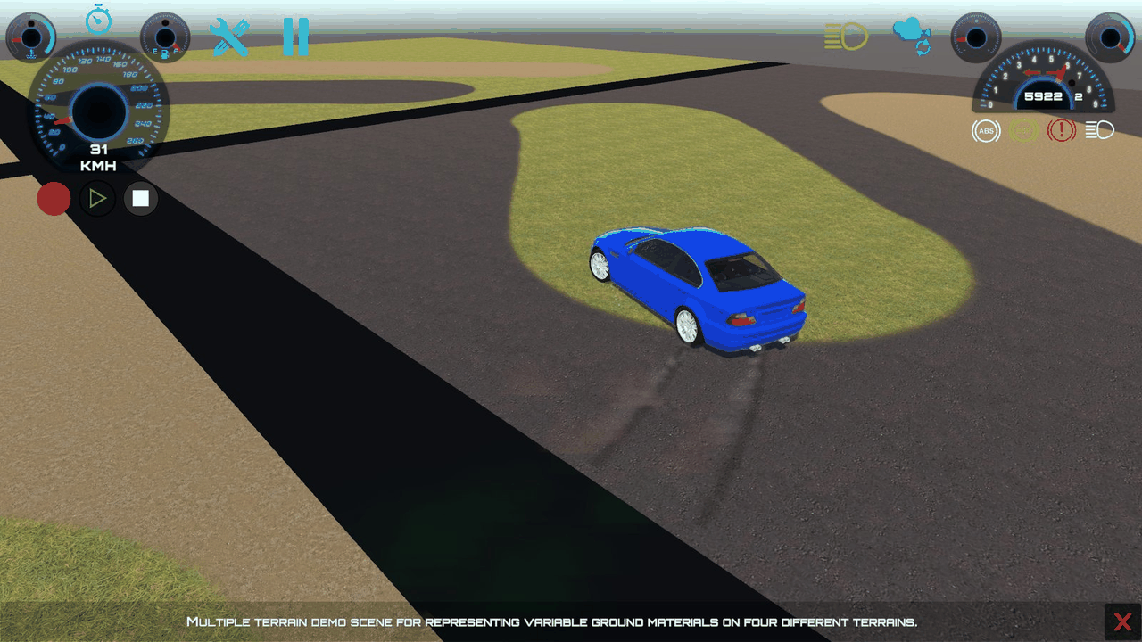 RCC_Multiple_Terrain: skidmarks on the asphalt; grip, sound, dust and skidmarks change with the terrain surface under the wheels.