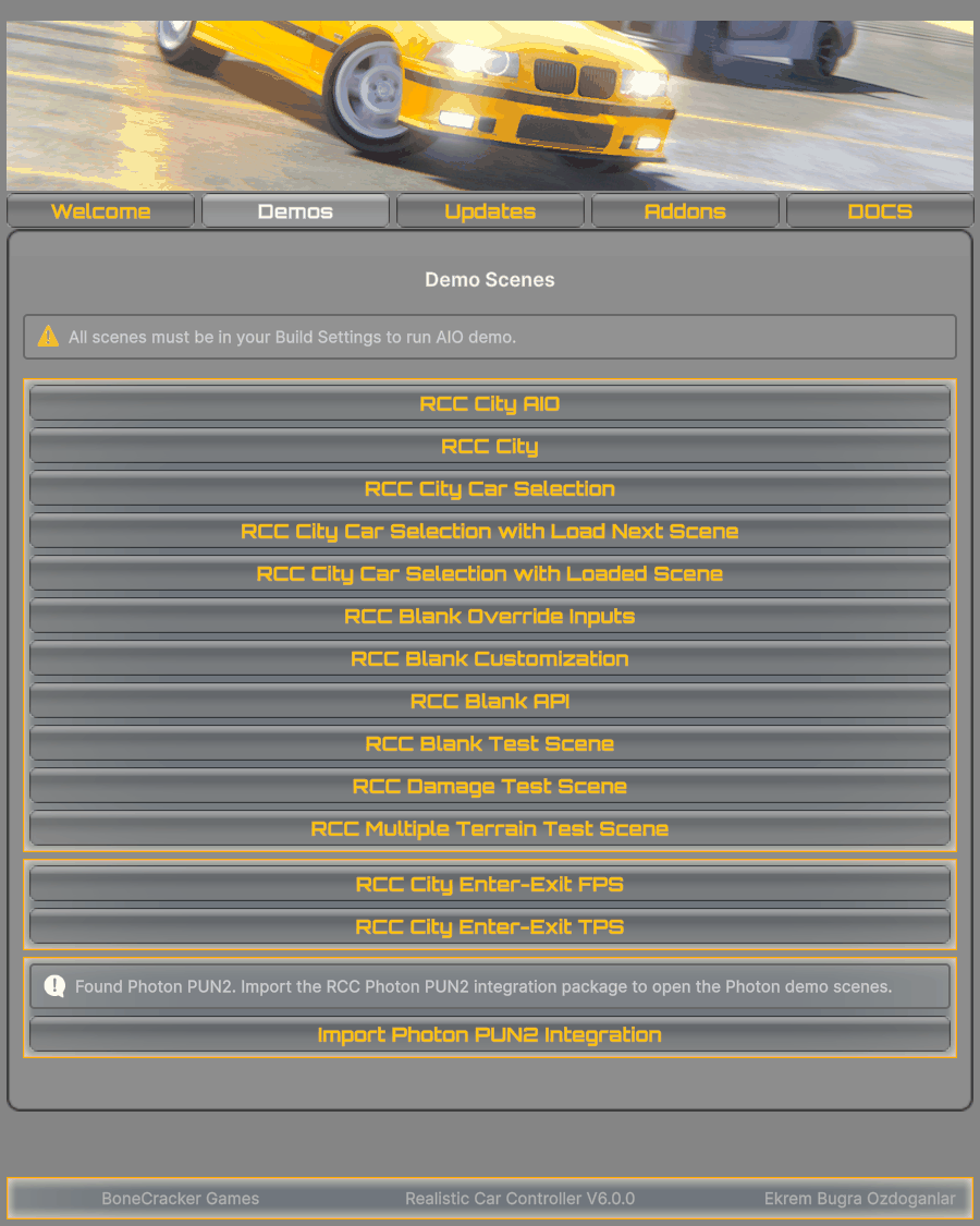 The Welcome Window's Demos tab: one button per demo scene, with the reminder that the AIO demo needs every scene in Build Settings.