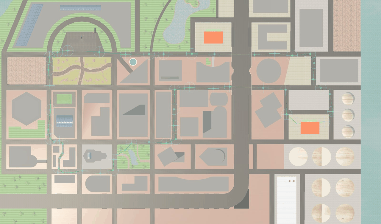 A waypoint loop in the Scene view, from RCC_City: each waypoint is a cyan sphere and green lines join them back to the first.