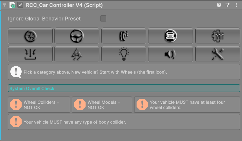 A half-finished vehicle (controller added, no wheels or body collider yet): System Overall Check lists what is still missing.