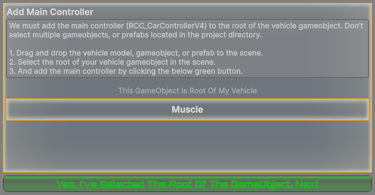 Add Main Controller page: the name of the selected object appears under This GameObject Is Root Of My Vehicle.