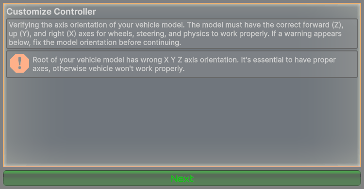 The wrong X Y Z axis orientation error on the Customize Controller page.
