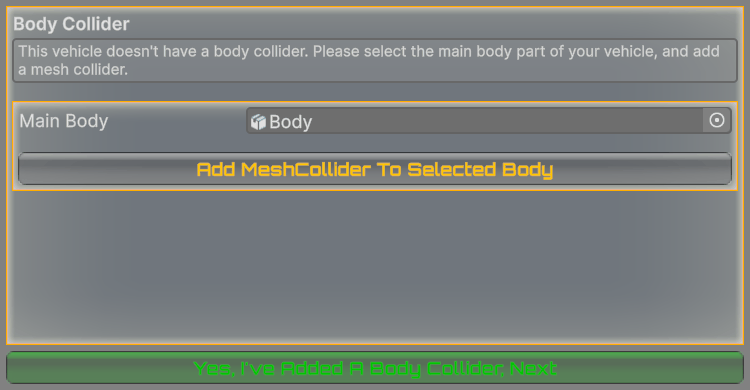 Body Collider page: assign the body mesh, then click Add MeshCollider To Selected Body.