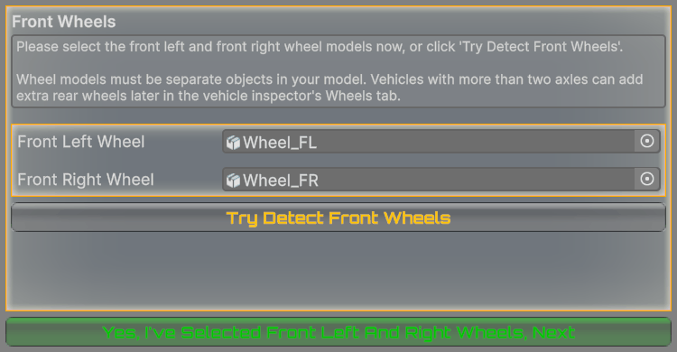 Front Wheels page with both wheel objects assigned.