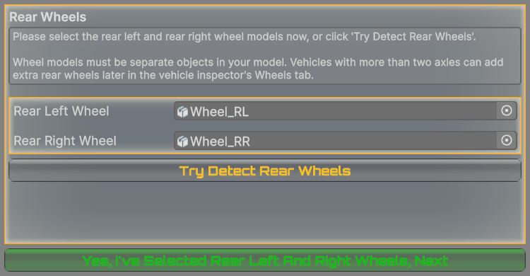 Rear Wheels page. Clicking the green button here also creates the WheelColliders.