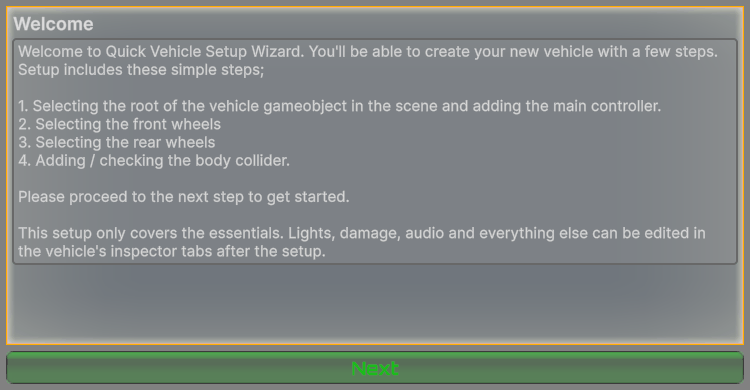 The wizard's Welcome page. The green button at the bottom moves to the next page.