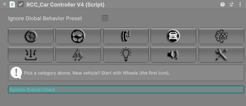 Top of the Inspector: the Ignore Global Behavior Preset toggle and the two rows of category icons. With no tab open, an info box asks you to pick one.