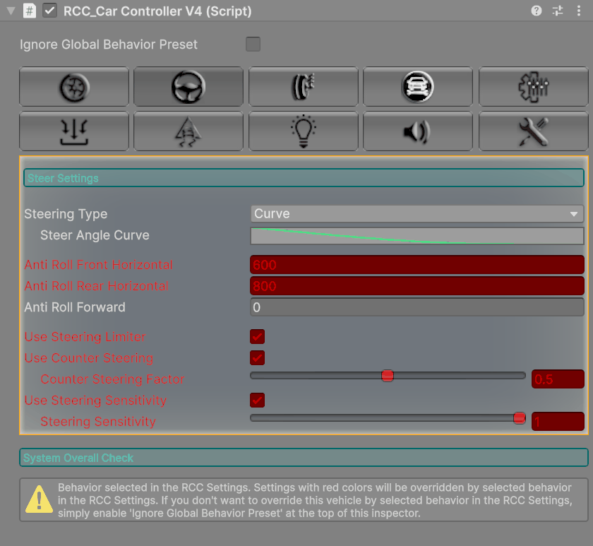 With a global preset active, the preset-controlled fields turn red (here on the Steering tab) and System Overall Check shows a warning.