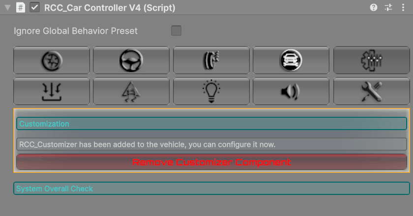 The Customizer tab on a vehicle that already has RCC_Customizer, so it shows Remove Customizer Component.
