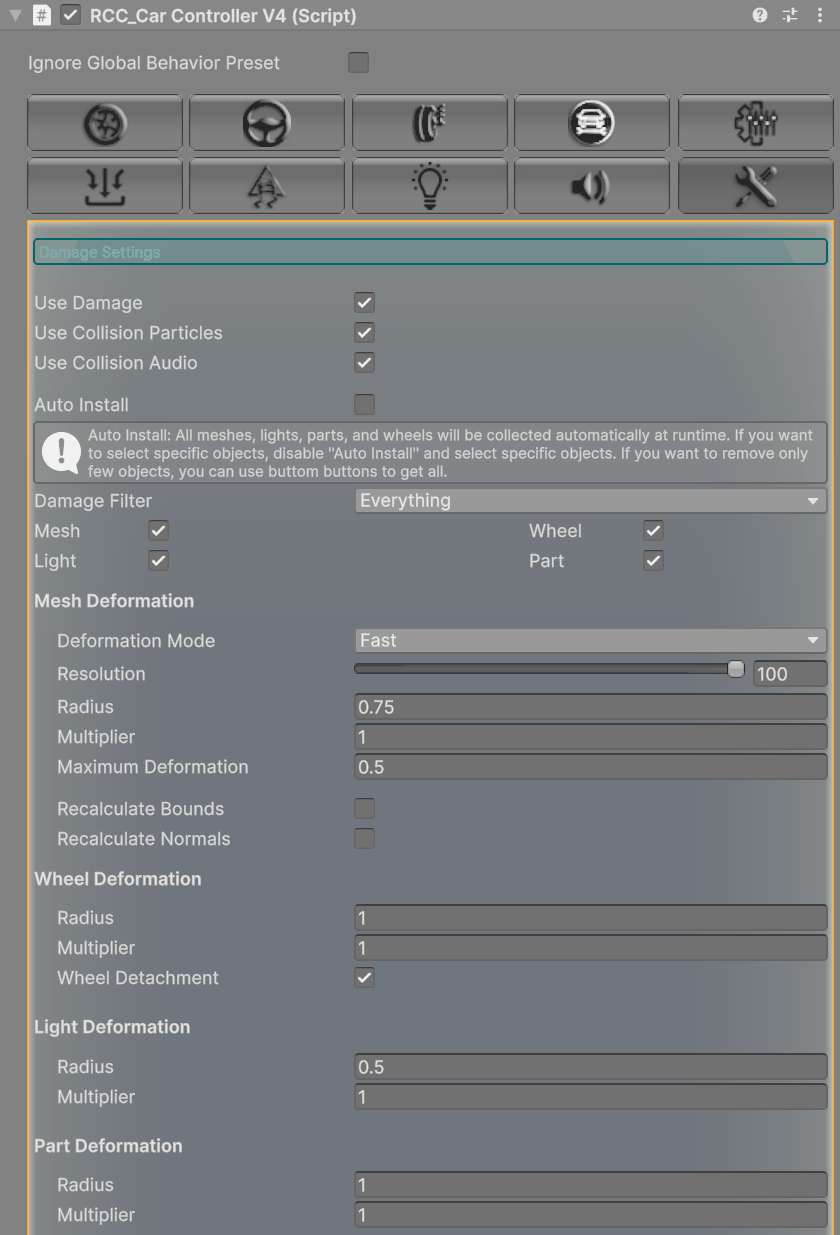 The Damage tab settings on the Muscle prefab. Its Auto Install is off, so the collected meshes, wheels, lights and parts are listed below these settings with Get buttons (see Damage System).