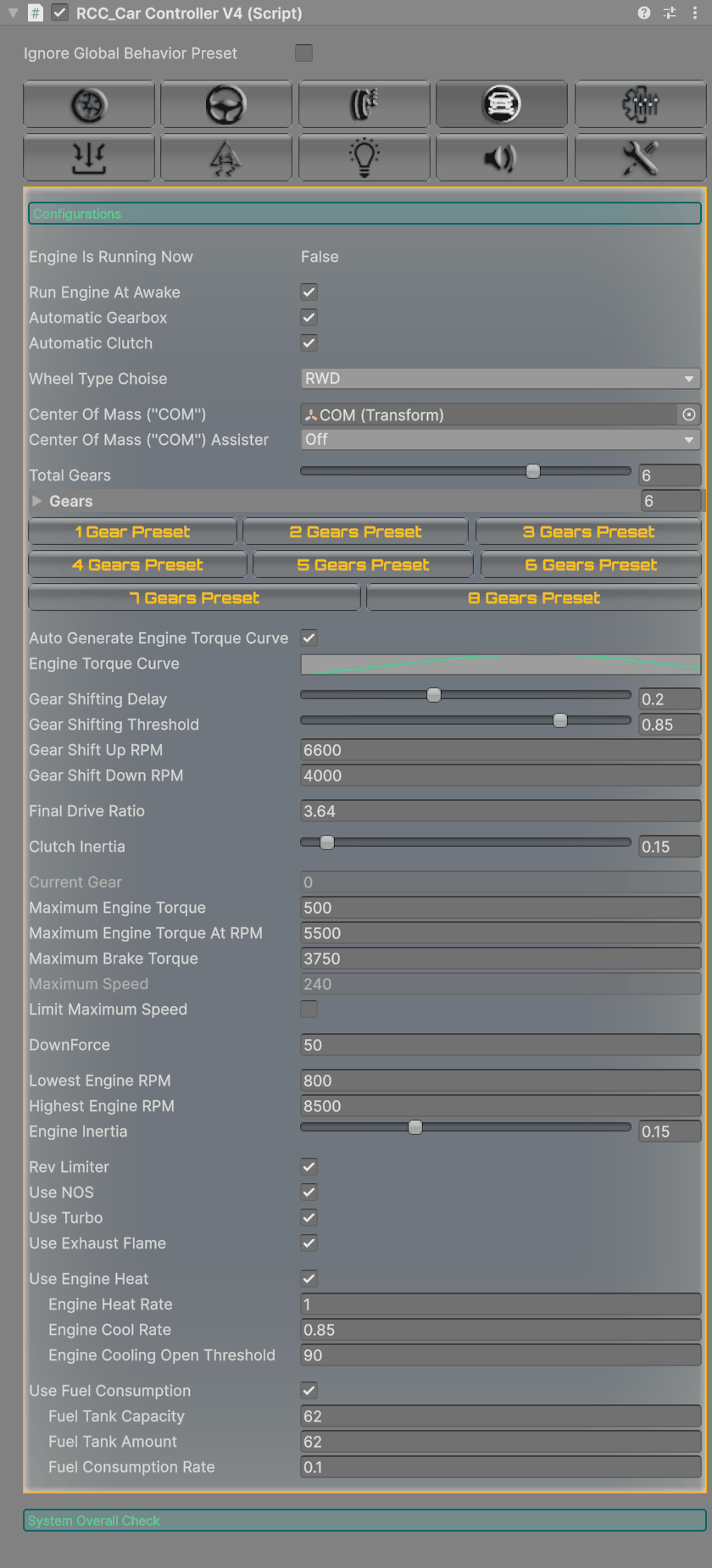 The Engine & Gears tab (header: Configurations) on the Muscle prefab.