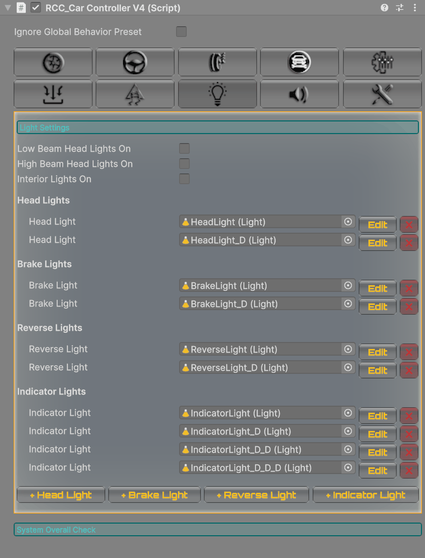 The Lights tab on the Muscle prefab, listing its lights with Edit and X buttons.
