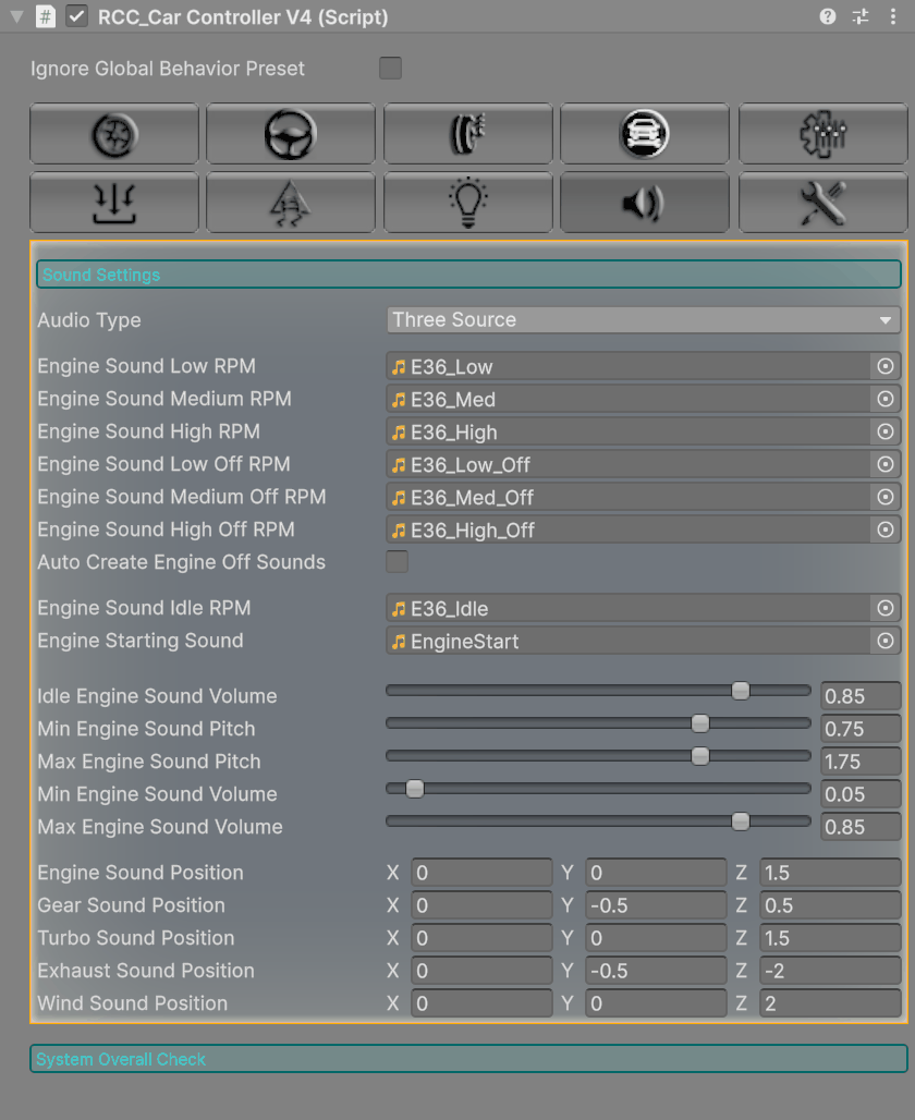 The Sounds tab on the Muscle prefab: Audio Type Three Source, with Auto Create Engine Off Sounds off, so the Off clip slots are shown.