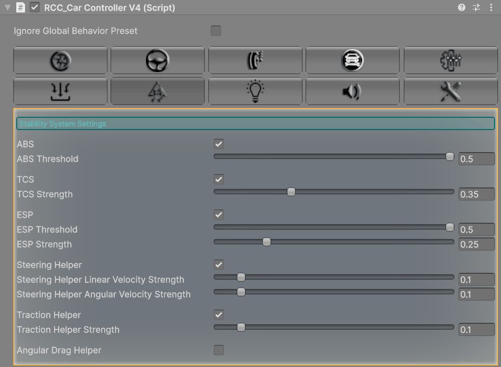 The Stability tab on the Muscle prefab. A strength field appears only while its toggle is on.
