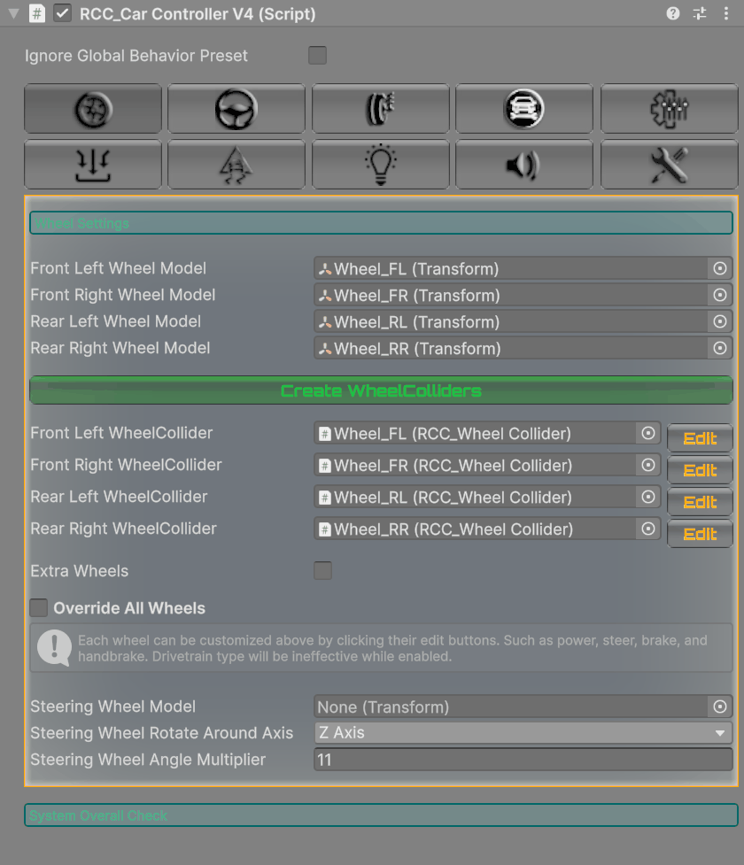 The Wheels tab: the four wheel model fields and the Create WheelColliders button.