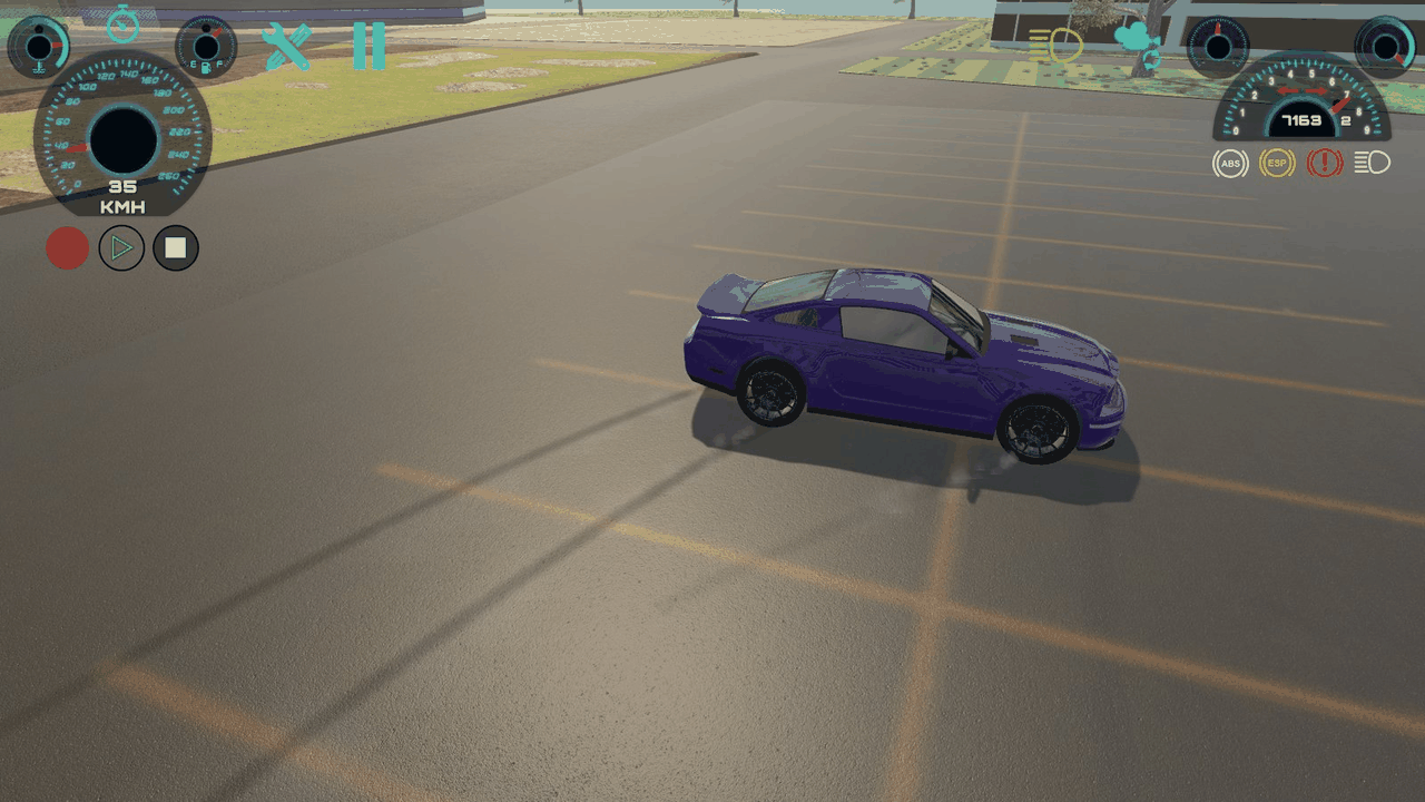 A sliding car on asphalt: skidmarks (and a light tire smoke) start once wheel slip passes the ground material's Slip value.