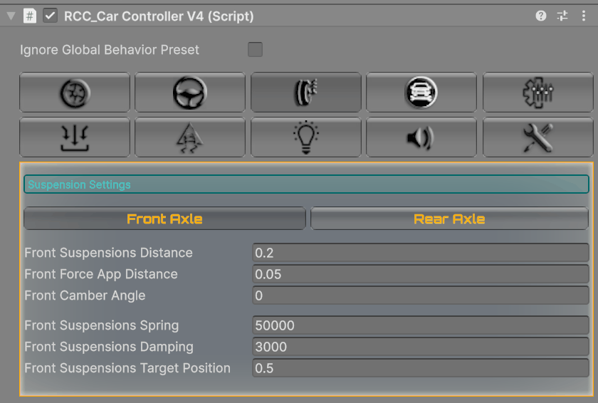 The vehicle's Suspension tab edits spring, damping, distance and target position for both wheels of the selected axle at once.