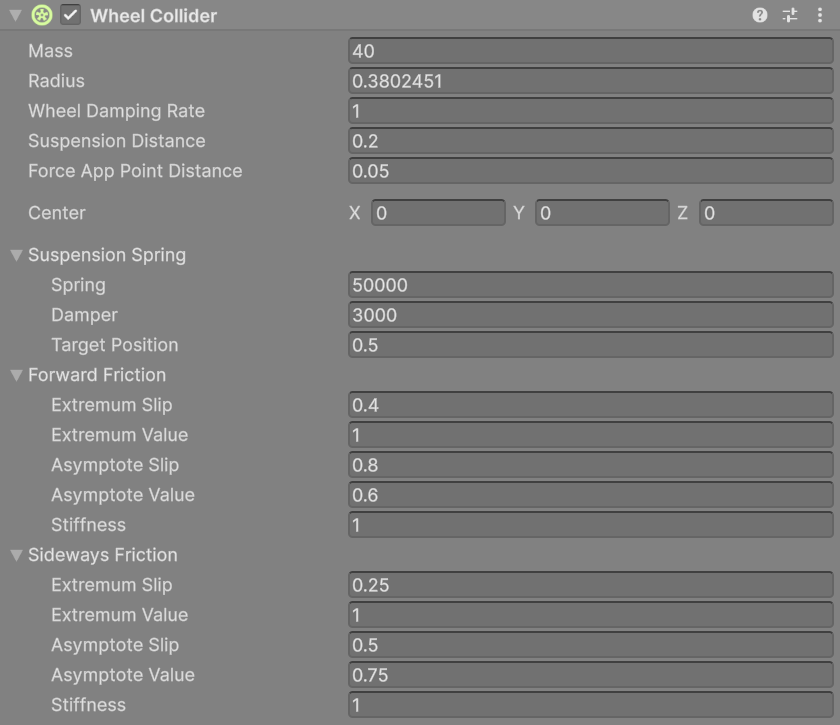 Unity's WheelCollider component on a wheel. Stiffness and Wheel Damping Rate shown here are overwritten every physics step in Play mode.