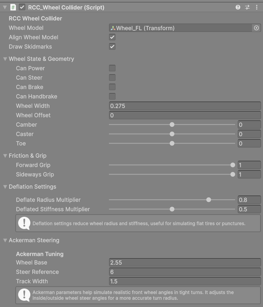 The RCC Wheel Collider inspector with all four sections open: Wheel State & Geometry, Friction & Grip, Deflation Settings and Ackerman Steering.