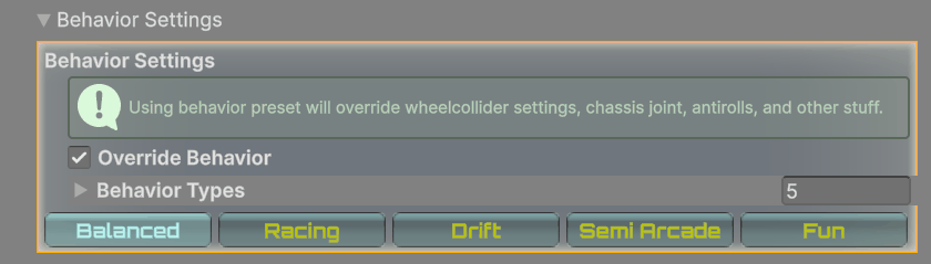 RCC Settings → Behavior Settings with Override Behavior ticked. The toolbar under Behavior Types selects the active preset.