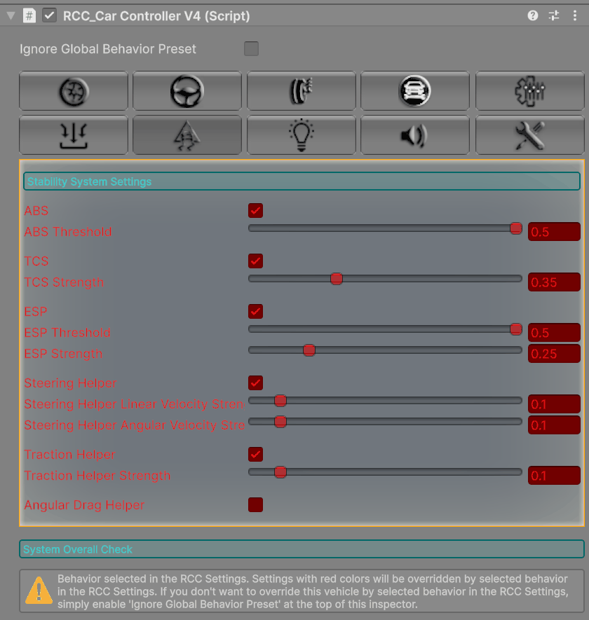 With presets on, the sections a preset controls turn red (Stability tab shown). The whole block is tinted, so ABS Threshold, TCS Strength and the ESP values are red too, although no preset changes them. Ignore Global Behavior Preset at the top opts this vehicle out.
