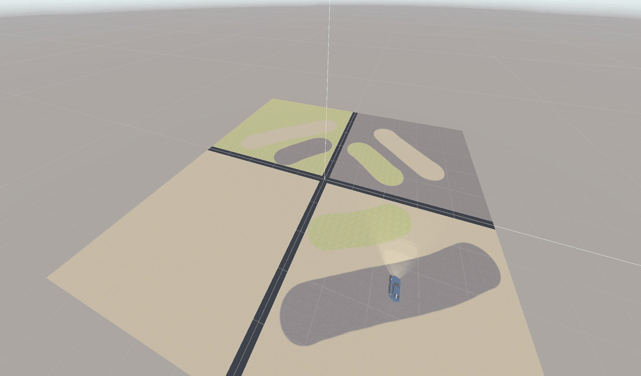 The RCC_Multiple_Terrain demo scene: several terrains with painted layers. Each layer drives like the Ground Materials entry it maps to.
