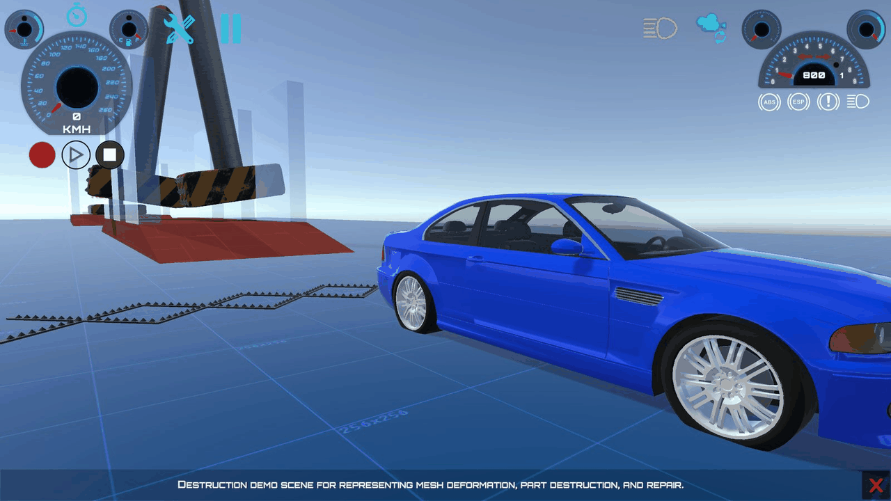 A front tire flattened by the SpikeStrip in the RCC_Damage demo scene: smaller radius and less grip until it is inflated again.