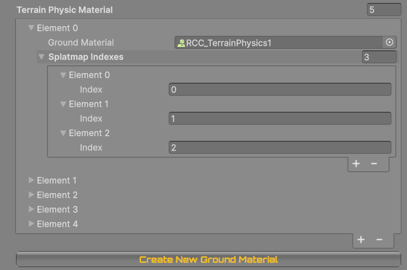A Terrain Physic Material element in Configure Ground Materials. Splatmap Indexes list one Index per terrain layer, in layer order.