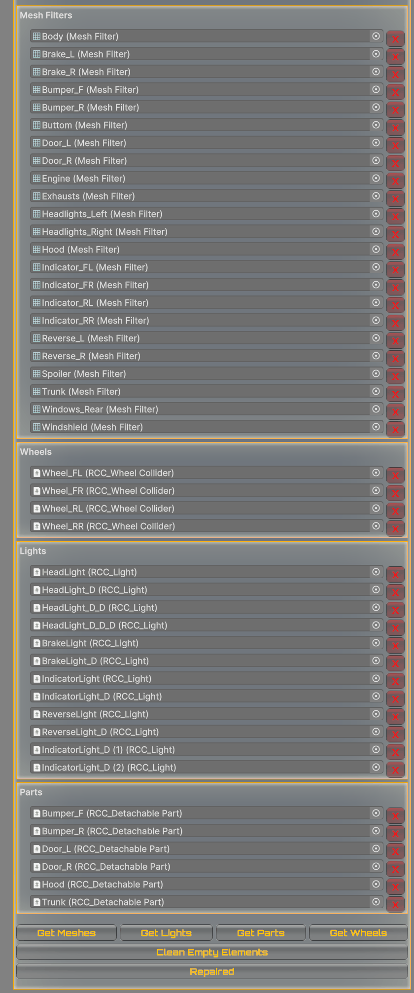 With Auto Install off, the Damage tab lists the meshes, wheels, lights and parts to damage, with buttons to fill them.