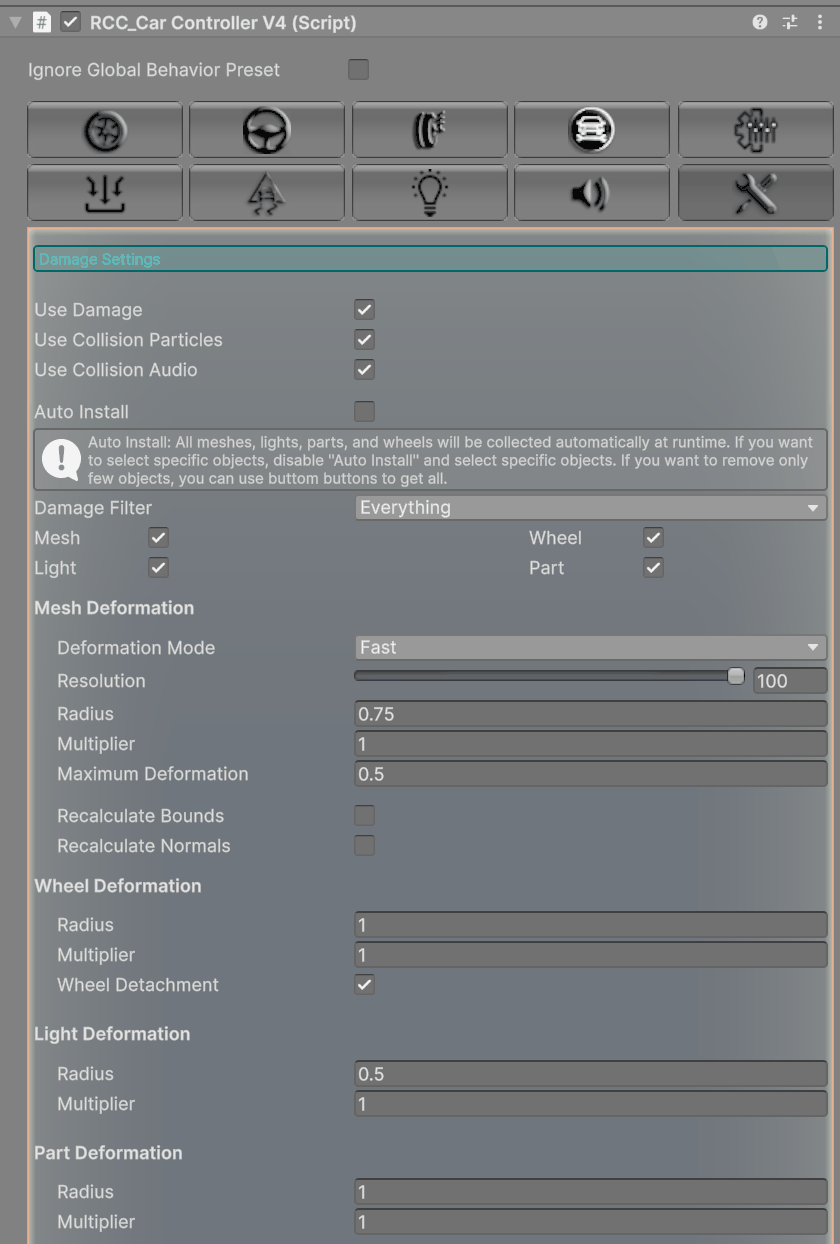 The Damage tab of the vehicle inspector: master switches, the four damage types, and the settings of each type. This is a demo vehicle, so Auto Install and the two Recalculate toggles are off; a freshly added controller has them on.