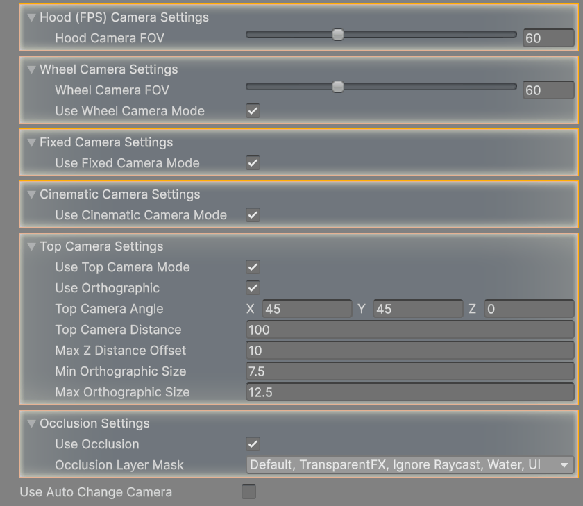 The mode foldouts: each Use … Camera Mode toggle decides whether the C key can reach that mode. Occlusion Settings sits below them.