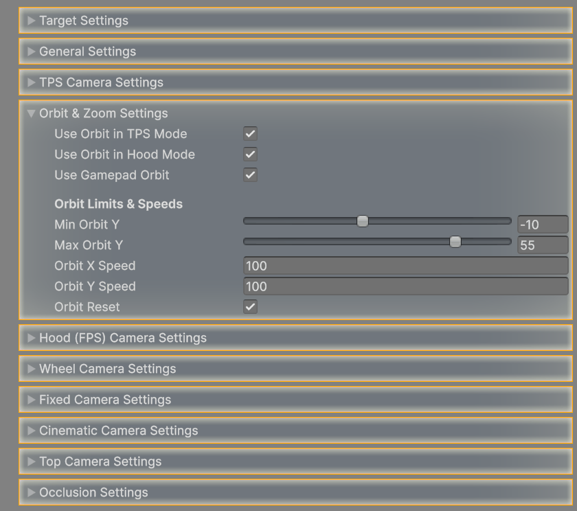 The Orbit & Zoom Settings foldout of the RCC_Camera Inspector.