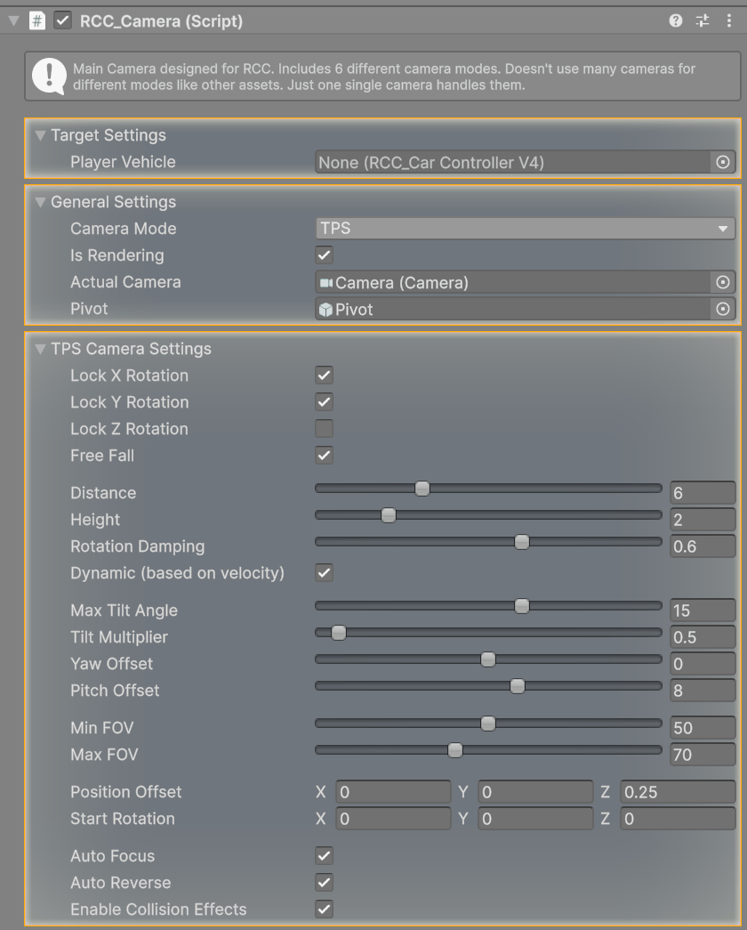 The RCC_Camera Inspector with Target Settings, General Settings and TPS Camera Settings expanded.