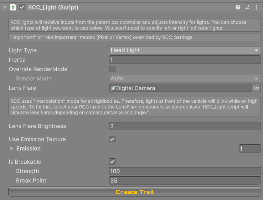 The RCC_Light Inspector on the Muscle's HeadLight, with Use Emission Texture on.