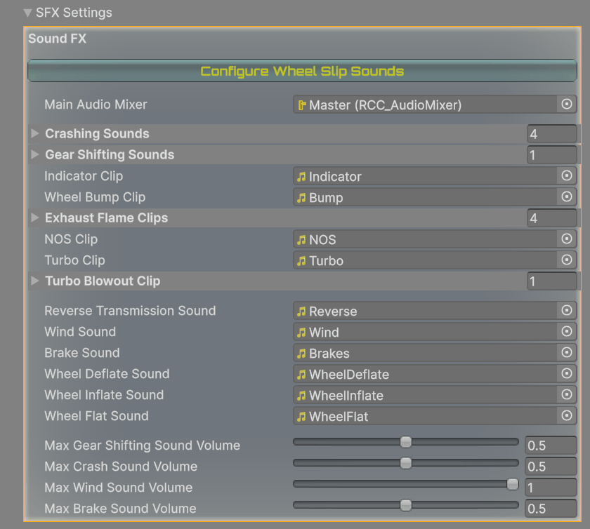 The SFX Settings box of RCC Settings, shared by every vehicle.