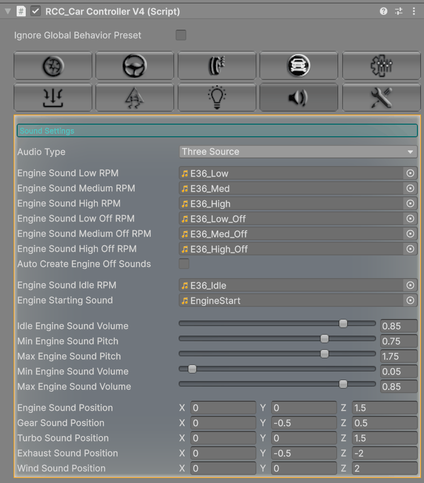 The Sounds tab of the Muscle, which uses ThreeSource with its own Off RPM clips.