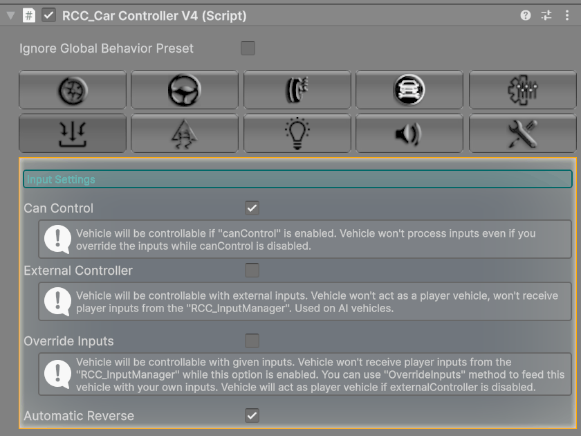 Can Control, External Controller and Override Inputs in the vehicle Inspector.