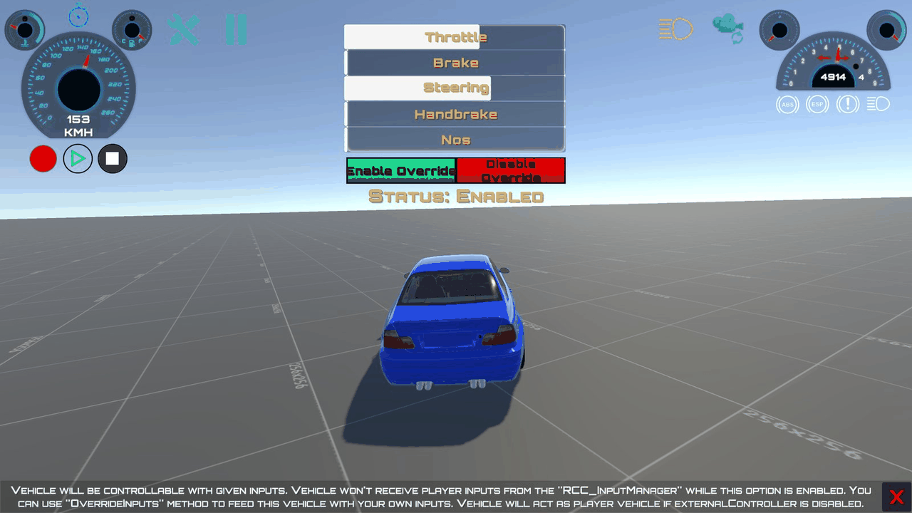The RCC_Blank_OverrideInputs demo: after Enable Override, the sliders drive the car instead of the keyboard.