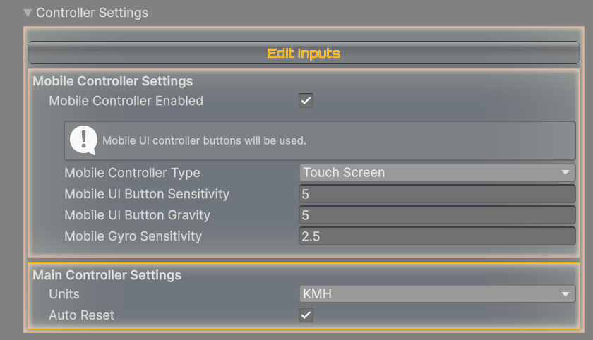 RCC Settings, Controller Settings with Mobile Controller Enabled on: the type and the three sensitivity fields appear below it.