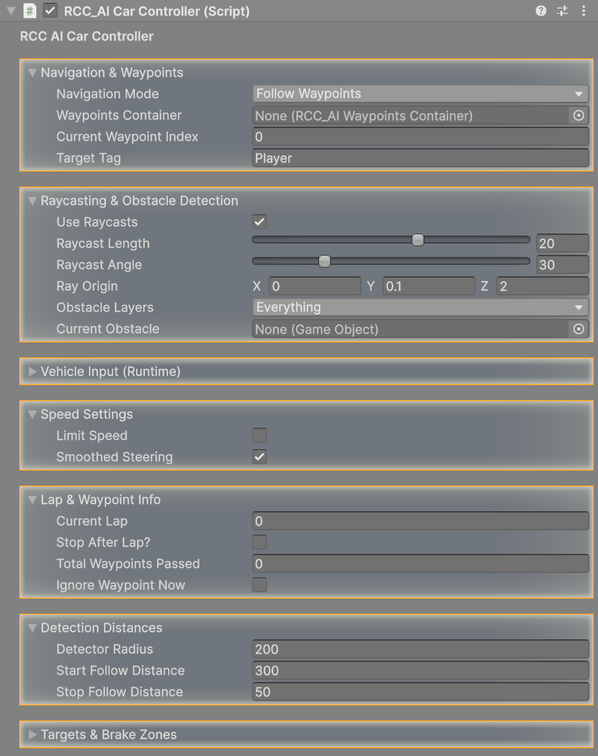 The RCC_AICarController inspector on the Skyline (AI Chaser) prefab, with its settings foldouts open and the runtime Vehicle Input and Targets & Brake Zones foldouts closed.