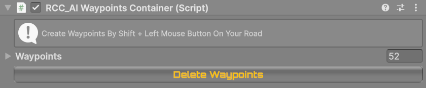The Waypoints Container inspector: the Shift + Left Click hint, the waypoint list and the Delete Waypoints button.