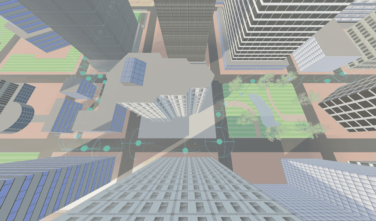 Waypoint gizmos in the RCC_City Scene view: spheres with their radius, joined by green lines in driving order.