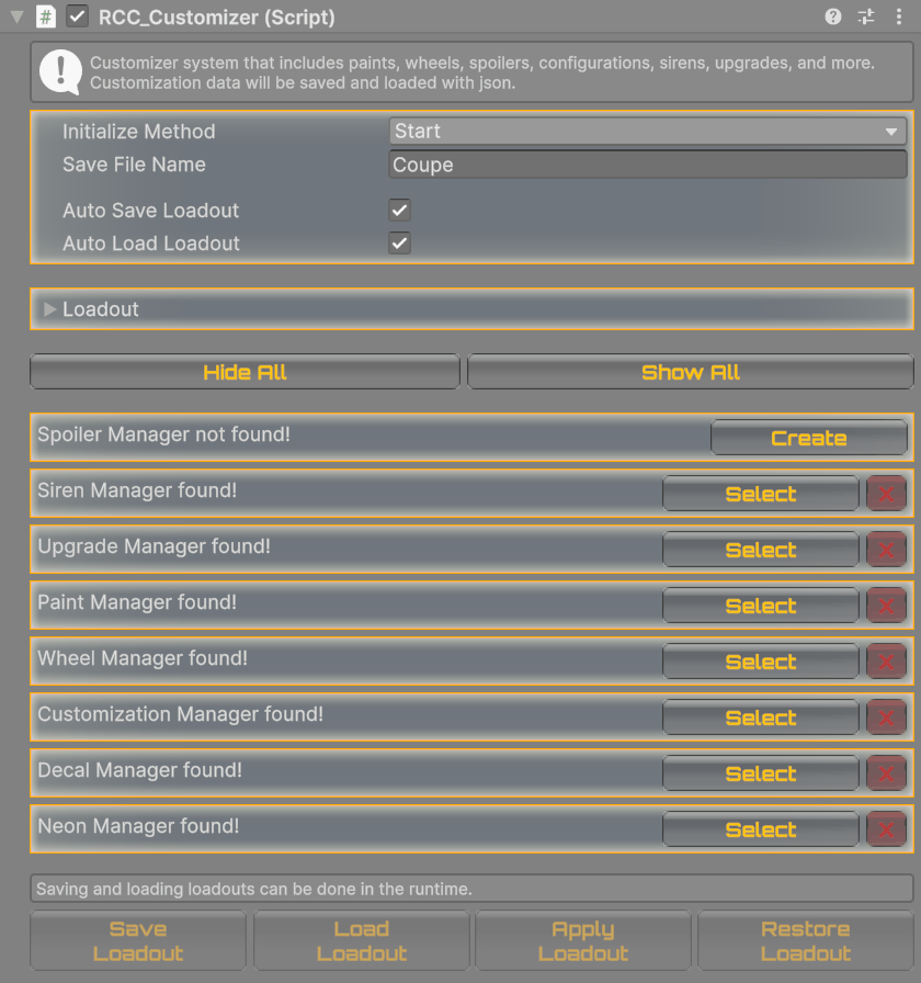 The RCC_Customizer inspector on the Coupe prefab: settings, a Create / Select / X row per manager, and the loadout buttons.